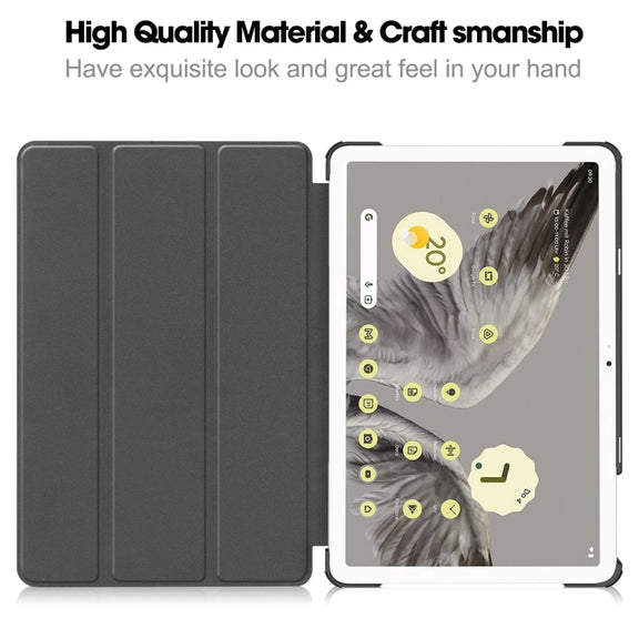 For Google Pixel Tablet Custer Pure Color 3-Fold Holder Smart Leather Tablet Case(Black)
