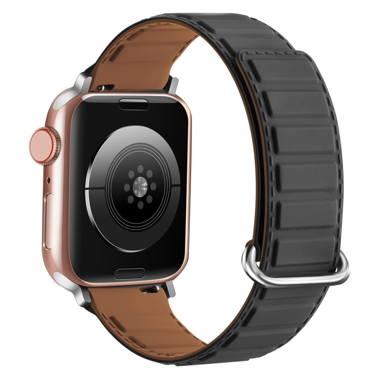 For Apple Watch 9 41mm Reverse Buckle Magnetic Silicone Watch Band(Silver Buckle Grey Brown)