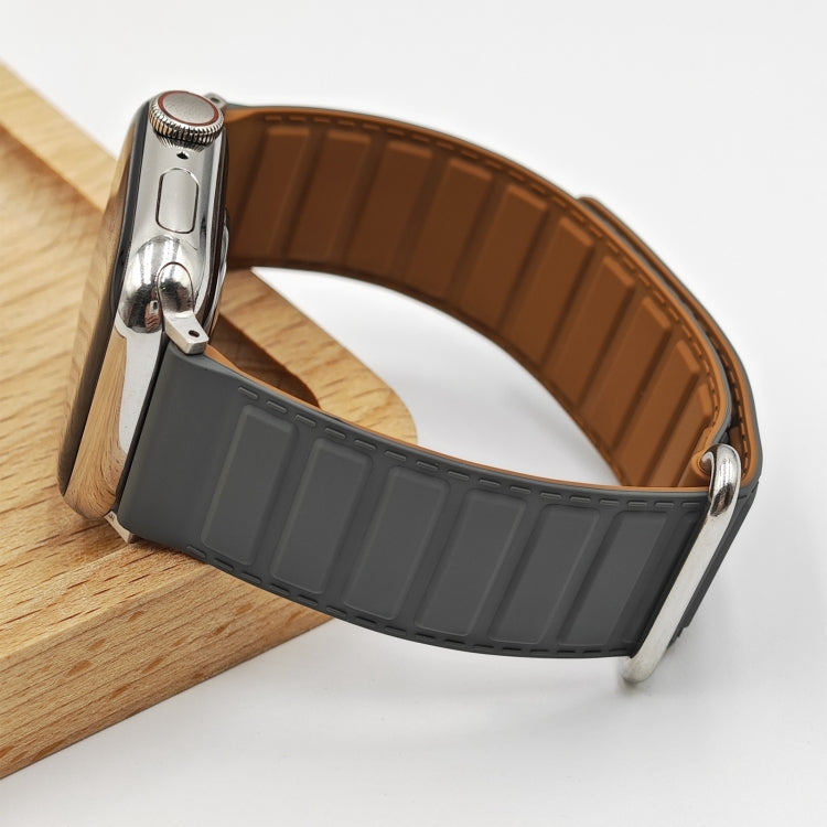 For Apple Watch 9 41mm Reverse Buckle Magnetic Silicone Watch Band(Silver Buckle Grey Brown)