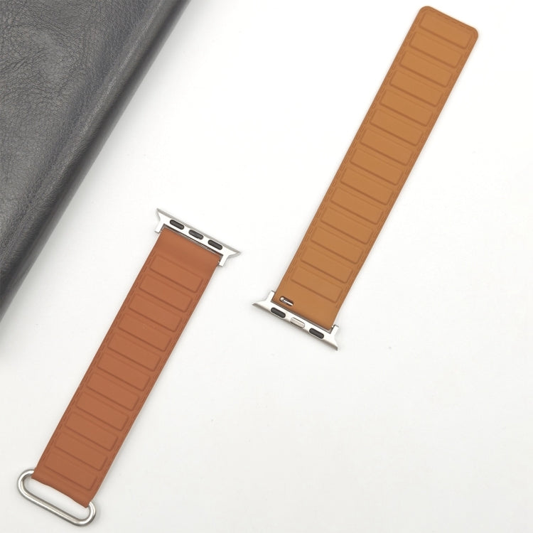 For Apple Watch 9 45mm Reverse Buckle Magnetic Silicone Watch Band(Silver Buckle Brown)
