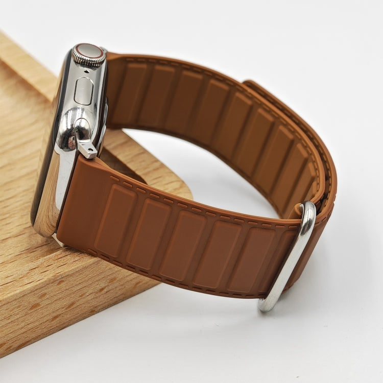 For Apple Watch 9 45mm Reverse Buckle Magnetic Silicone Watch Band(Silver Buckle Brown)