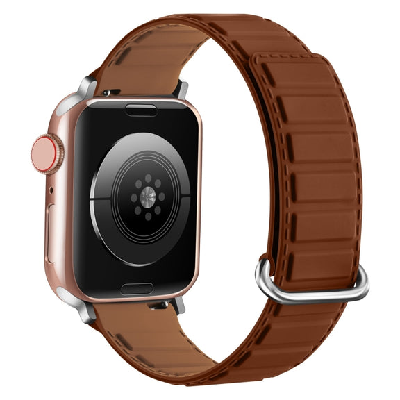 For Apple Watch 9 45mm Reverse Buckle Magnetic Silicone Watch Band(Silver Buckle Brown)