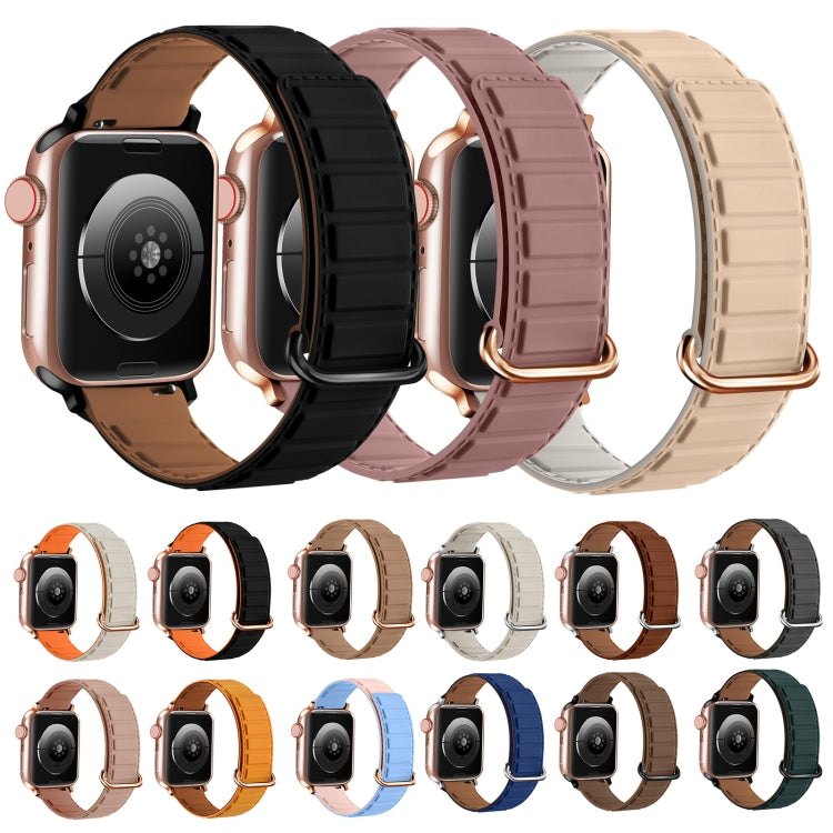 For Apple Watch 9 41mm Reverse Buckle Magnetic Silicone Watch Band(Silver Buckle Blue)