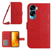 For Honor 90 Lite Skin Feel Sun Flower Pattern Leather Phone Case with Lanyard(Red)