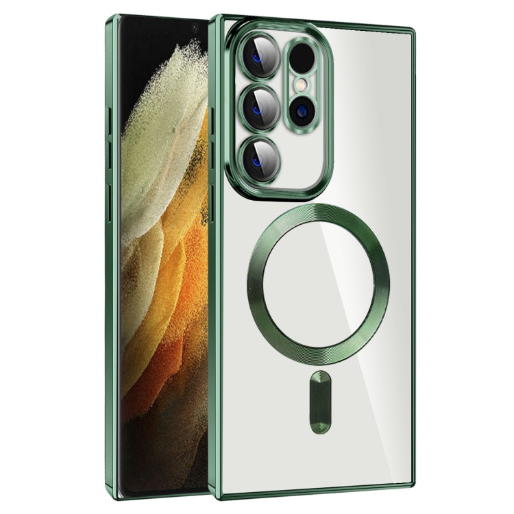 For Samsung Galaxy S21 Ultra 5G CD Texture Plating TPU MagSafe Phone Case with Lens Film(Dark Green)
