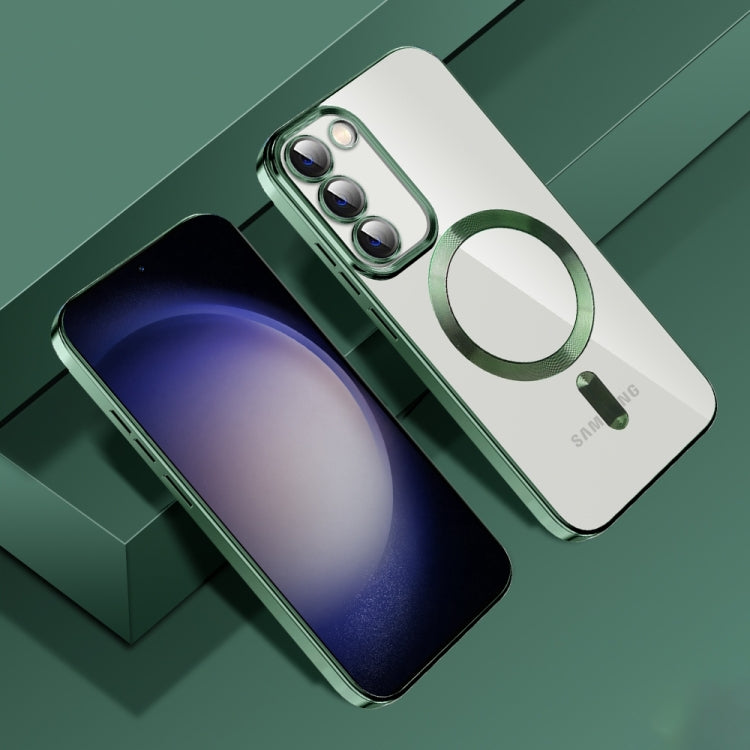 For Samsung Galaxy S21 Ultra 5G CD Texture Plating TPU MagSafe Phone Case with Lens Film(Dark Green)