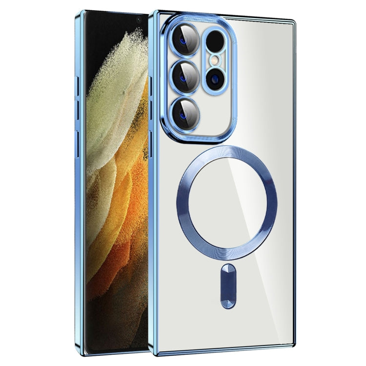 For Samsung Galaxy S21 Ultra 5G CD Texture Plating TPU MagSafe Phone Case with Lens Film(Sierra Blue)