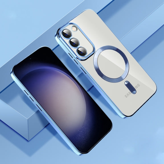 For Samsung Galaxy S21 Ultra 5G CD Texture Plating TPU MagSafe Phone Case with Lens Film(Sierra Blue)