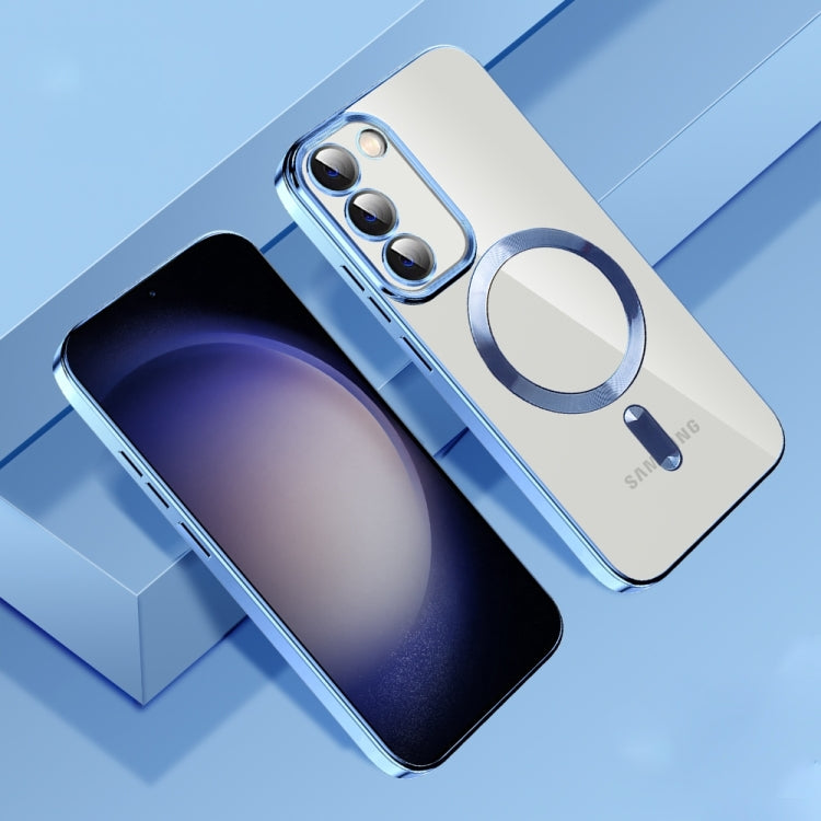 For Samsung Galaxy S22 Ultra 5G CD Texture Plating TPU MagSafe Phone Case with Lens Film(Sierra Blue)