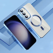 For Samsung Galaxy S22 Ultra 5G CD Texture Plating TPU MagSafe Phone Case with Lens Film(Sierra Blue)
