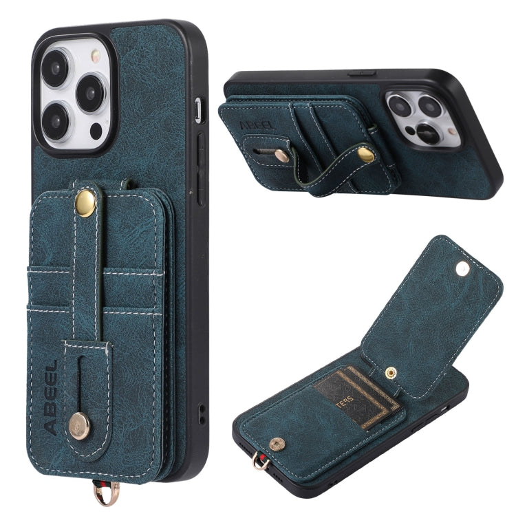 For iPhone 15 Pro ABEEL Litchi Texture Card Bag PU Phone Case(Blue)