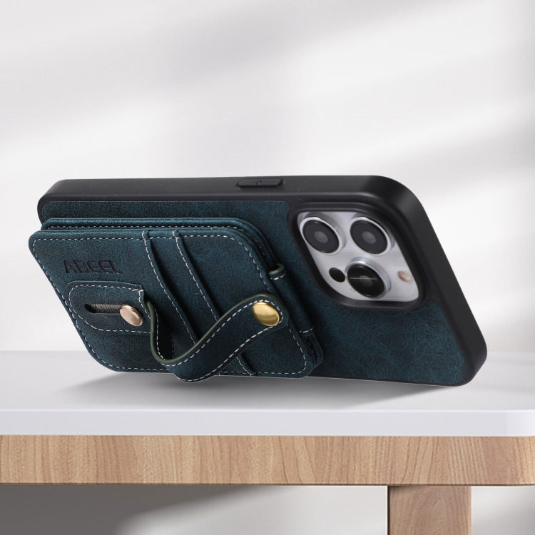 For iPhone 15 Pro ABEEL Litchi Texture Card Bag PU Phone Case(Blue)