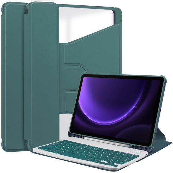 For Samsung Galaxy Tab S9 FE / S10 FE 360 Rotation Transparent Smart Leather Case with Keyboard(Dark Green)