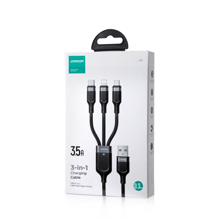 JOYROOM A18 3.5A USB to 8 Pin+USB-C/Type-C+Micro USB 3 in 1 Data Cable, Length:0.3m(Black)