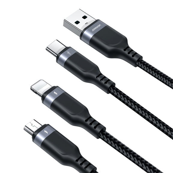 JOYROOM A18 3.5A USB to 8 Pin+USB-C/Type-C+Micro USB 3 in 1 Data Cable, Length:1.2m(Black)