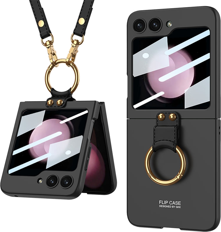 For Samsung Galaxy Z Flip5 GKK Ultra-thin PC Full Coverage Ring Holder Phone Case with Strap(Black)