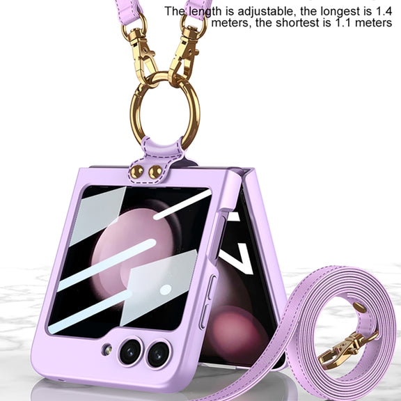 For Samsung Galaxy Z Flip5 GKK Ultra-thin PC Full Coverage Ring Holder Phone Case with Strap(Black)