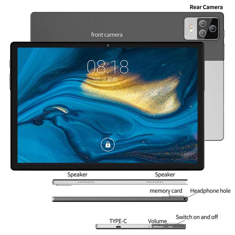 BDF P70 4G LTE Tablet PC 10.1 inch, 8GB+128GB, Android 11 MTK6755 Octa Core, Support Dual SIM, EU Plug(Silver)