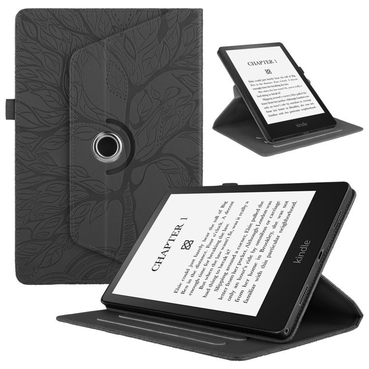 For Amazon Kindle Paperwhite 5 Tree Life Embossed Rotation Leather Smart Tablet Case(Black)