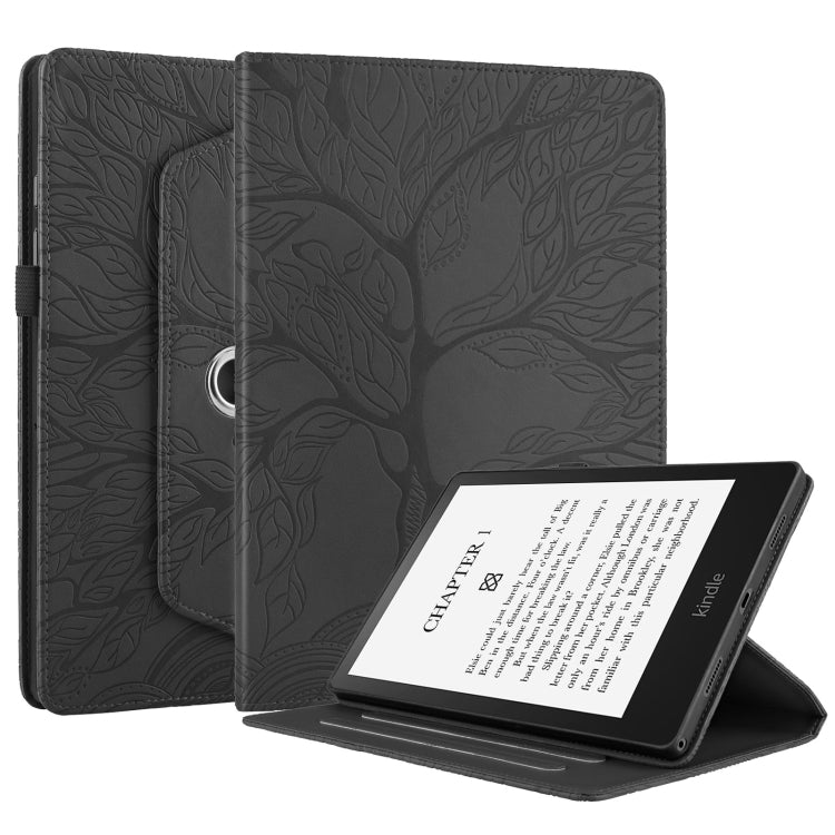 For Amazon Kindle Paperwhite 5 Tree Life Embossed Rotation Leather Smart Tablet Case(Black)
