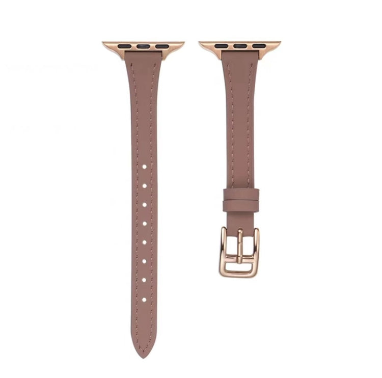 For Apple Watch 9 45mm T-shaped Slim Genuine Leather Watch Band(Light Brown)