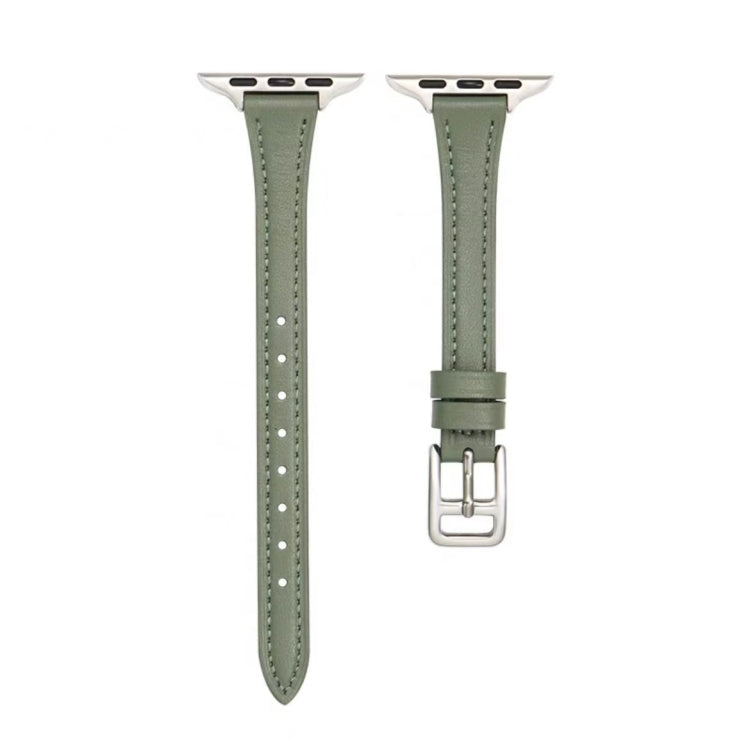 For Apple Watch SE 2023 44mm T-shaped Slim Genuine Leather Watch Band(Light Green)