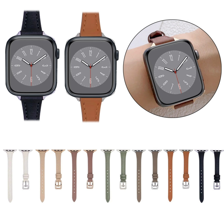 For Apple Watch 9 45mm T-shaped Slim Genuine Leather Watch Band(Dark Brown)