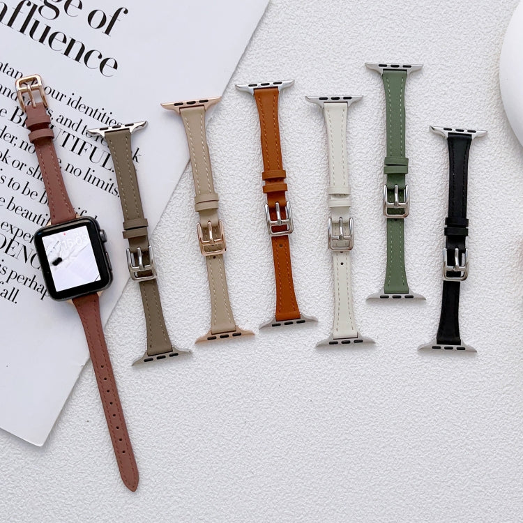 For Apple Watch 9 45mm T-shaped Slim Genuine Leather Watch Band(Light Brown)