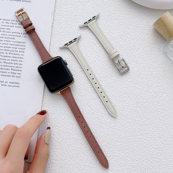 For Apple Watch 9 41mm T-shaped Slim Genuine Leather Watch Band(Light Green)