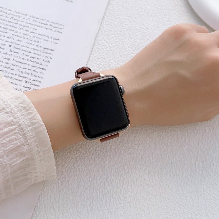 For Apple Watch 9 41mm T-shaped Slim Genuine Leather Watch Band(Light Brown)