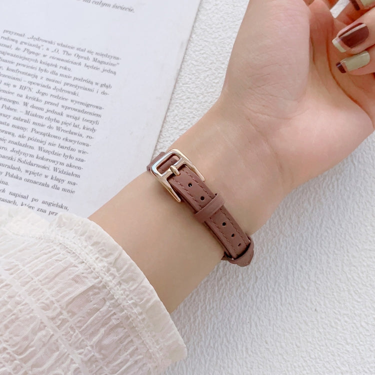 For Apple Watch 9 45mm T-shaped Slim Genuine Leather Watch Band(Dark Brown)