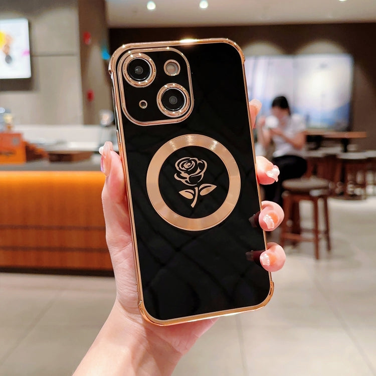 For iPhone 14 Plus Electroplate Side Roses Flower MagSafe Phone Case(Black)