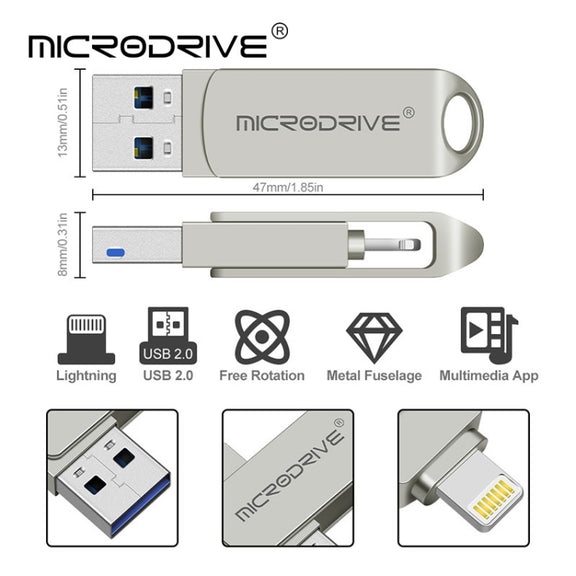 MicroDrive 2 In 1  8 Pin + USB 2.0 Portable Metal USB Flash Disk, Capacity:128GB(Silver)