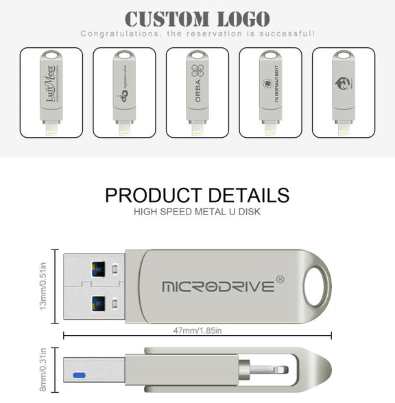 MicroDrive 2 In 1  8 Pin + USB 2.0 Portable Metal USB Flash Disk, Capacity:128GB(Silver)