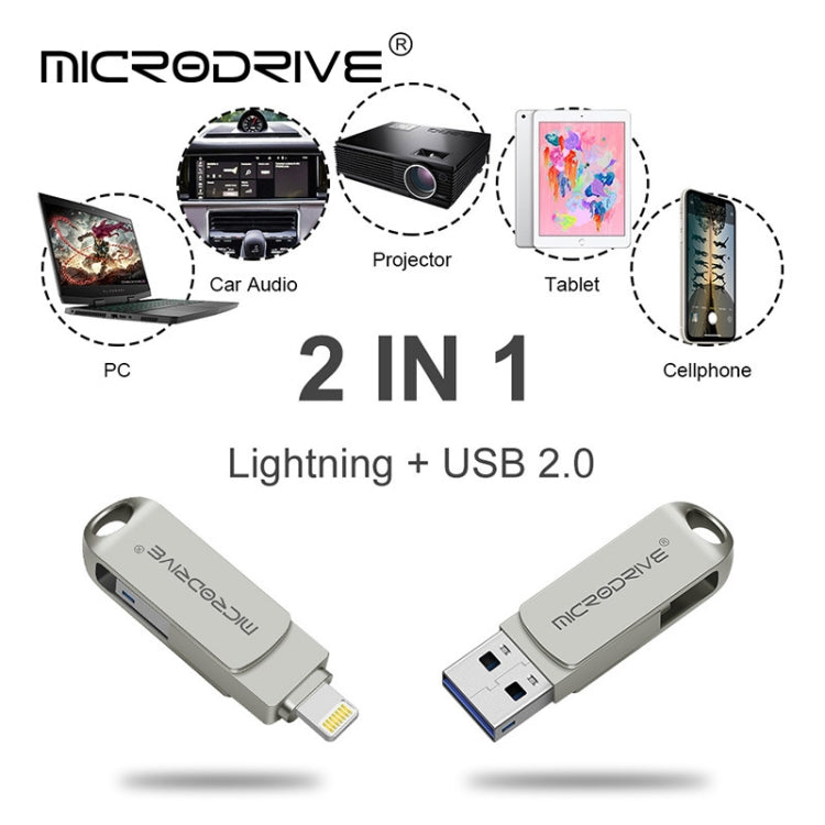 MicroDrive 2 In 1  8 Pin + USB 2.0 Portable Metal USB Flash Disk, Capacity:128GB(Silver)