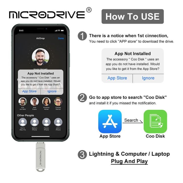 MicroDrive 2 In 1  8 Pin + USB 2.0 Portable Metal USB Flash Disk, Capacity:128GB(Silver)