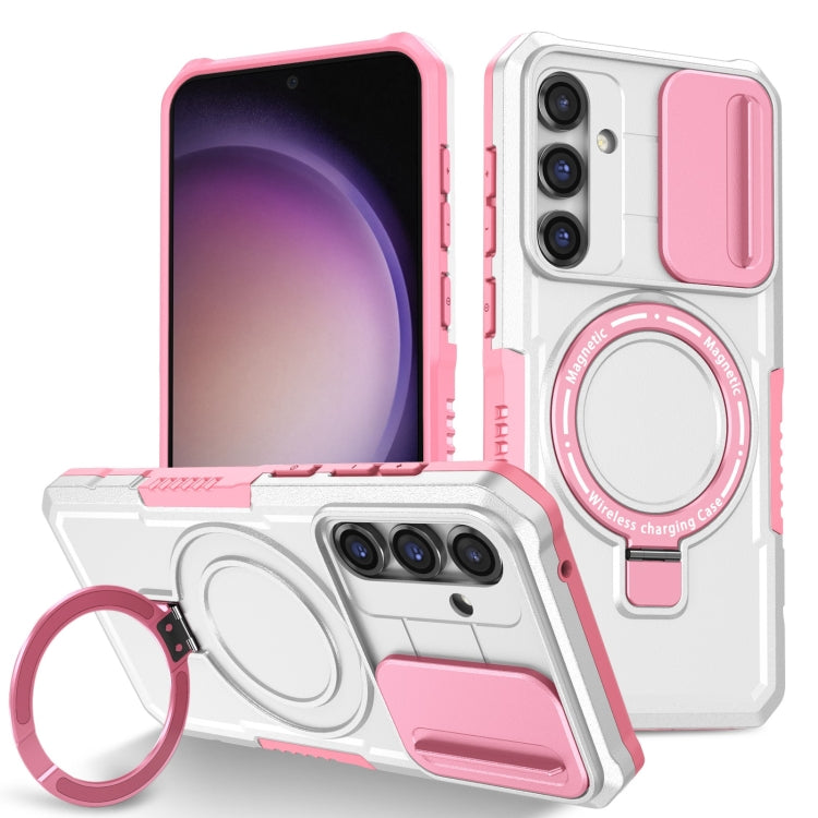 For Samsung Galaxy S23 FE 5G Sliding Camshield Magsafe Holder TPU Hybrid PC Phone Case(Pink White)