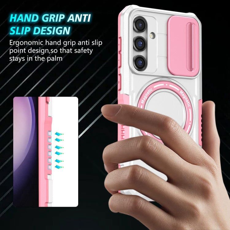 For Samsung Galaxy S23 FE 5G Sliding Camshield Magsafe Holder TPU Hybrid PC Phone Case(Pink White)