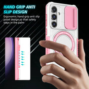 For Samsung Galaxy S23 FE 5G Sliding Camshield Magsafe Holder TPU Hybrid PC Phone Case(Pink White)