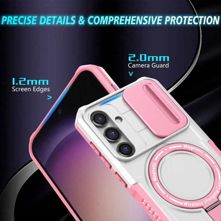 For Samsung Galaxy S23 FE 5G Sliding Camshield Magsafe Holder TPU Hybrid PC Phone Case(Pink White)