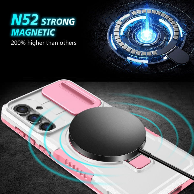 For Samsung Galaxy S23 FE 5G Sliding Camshield Magsafe Holder TPU Hybrid PC Phone Case(Pink White)