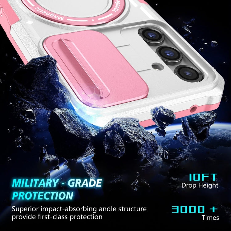For Samsung Galaxy S23 FE 5G Sliding Camshield Magsafe Holder TPU Hybrid PC Phone Case(Pink White)