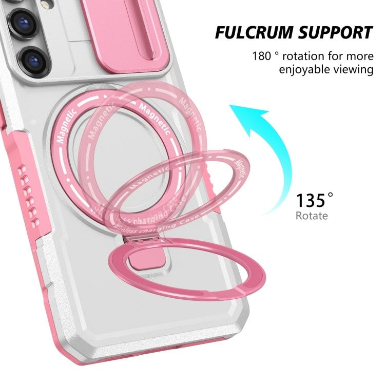 For Samsung Galaxy S23 FE 5G Sliding Camshield Magsafe Holder TPU Hybrid PC Phone Case(Pink White)