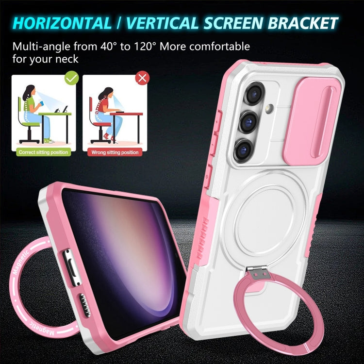 For Samsung Galaxy S23 FE 5G Sliding Camshield Magsafe Holder TPU Hybrid PC Phone Case(Pink White)
