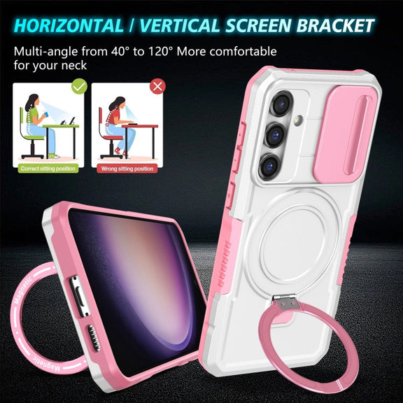 For Samsung Galaxy S23 FE 5G Sliding Camshield Magsafe Holder TPU Hybrid PC Phone Case(Pink White)