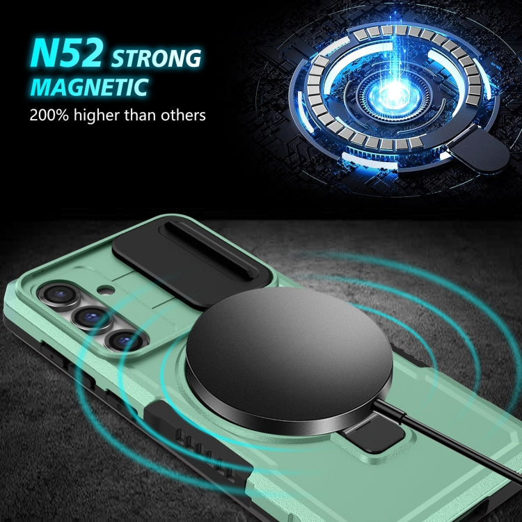For Samsung Galaxy S23 FE 5G Sliding Camshield Magsafe Holder TPU Hybrid PC Phone Case(Light Blue)