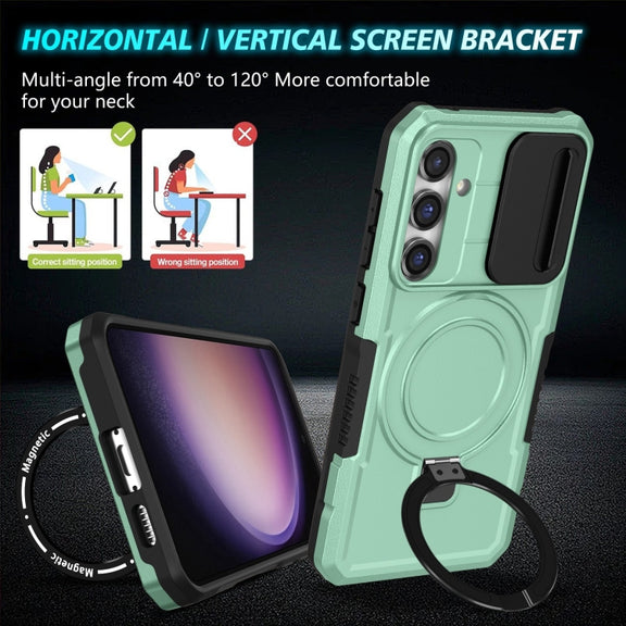 For Samsung Galaxy S23 FE 5G Sliding Camshield Magsafe Holder TPU Hybrid PC Phone Case(Light Blue)