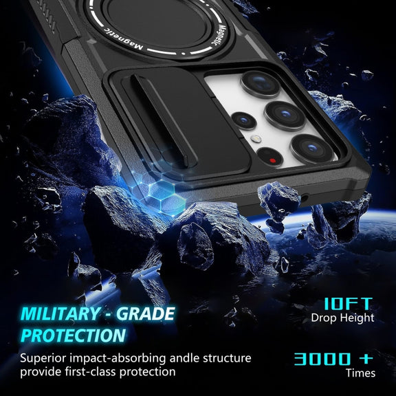 For Samsung Galaxy S23 Ultra 5G Sliding Camshield Magsafe Holder TPU Hybrid PC Phone Case(Black)