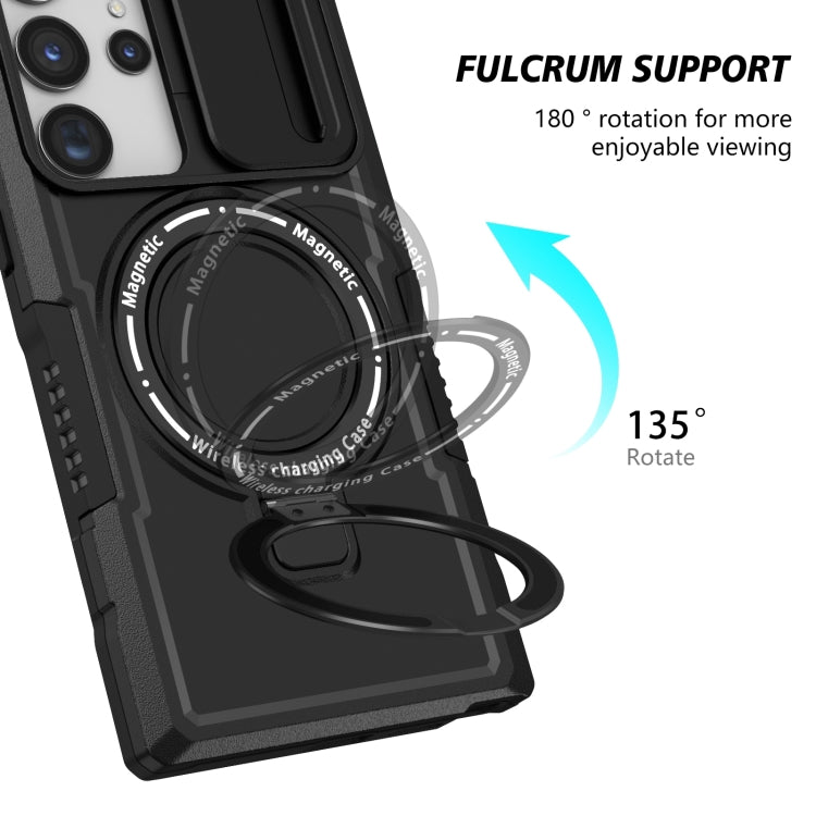 For Samsung Galaxy S23 Ultra 5G Sliding Camshield Magsafe Holder TPU Hybrid PC Phone Case(Black)