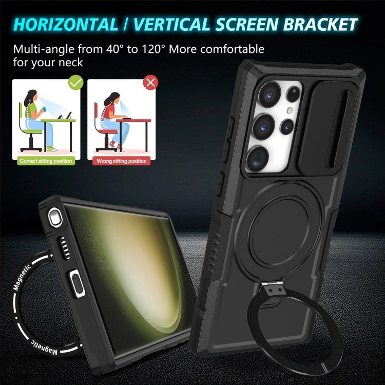 For Samsung Galaxy S23 Ultra 5G Sliding Camshield Magsafe Holder TPU Hybrid PC Phone Case(Black)